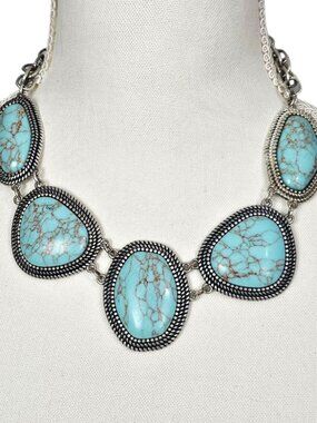 Premier Designs Boho Chic Reversible Turquoise Silver Statement Bib Necklace